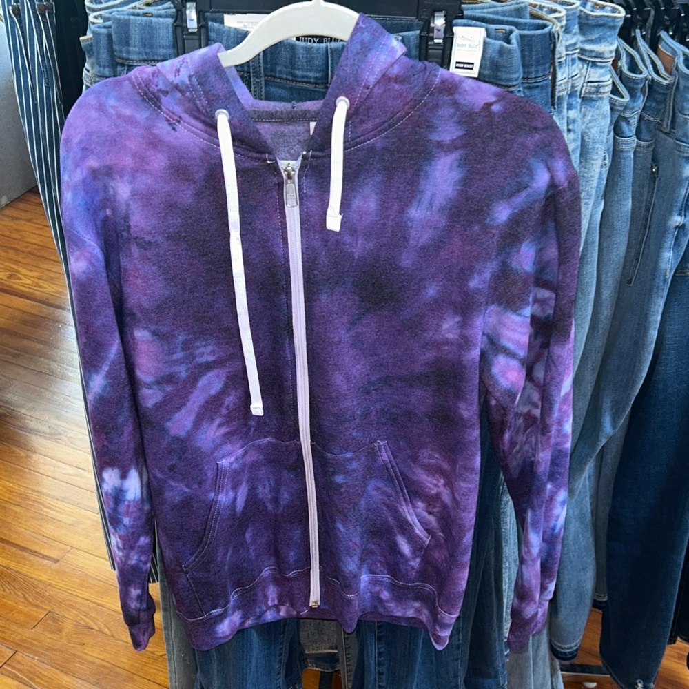 Fruit of the Loom Unisex Purple Tie-Dye Zip Hoodie with White Drawstrings